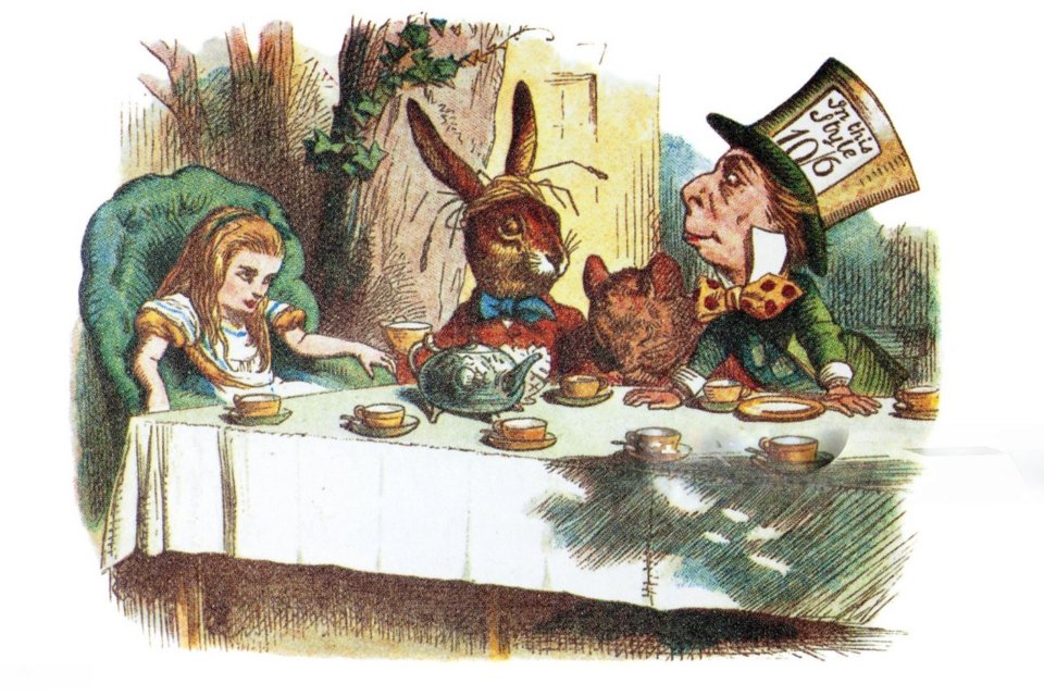 Alice Harikalar Diyarında Özet - Lewis Carroll John Tenniel’in çizimiyle Alice, Şapkacı, Mart Tavşanı ve Uyuyan Fare’nin çay partisi