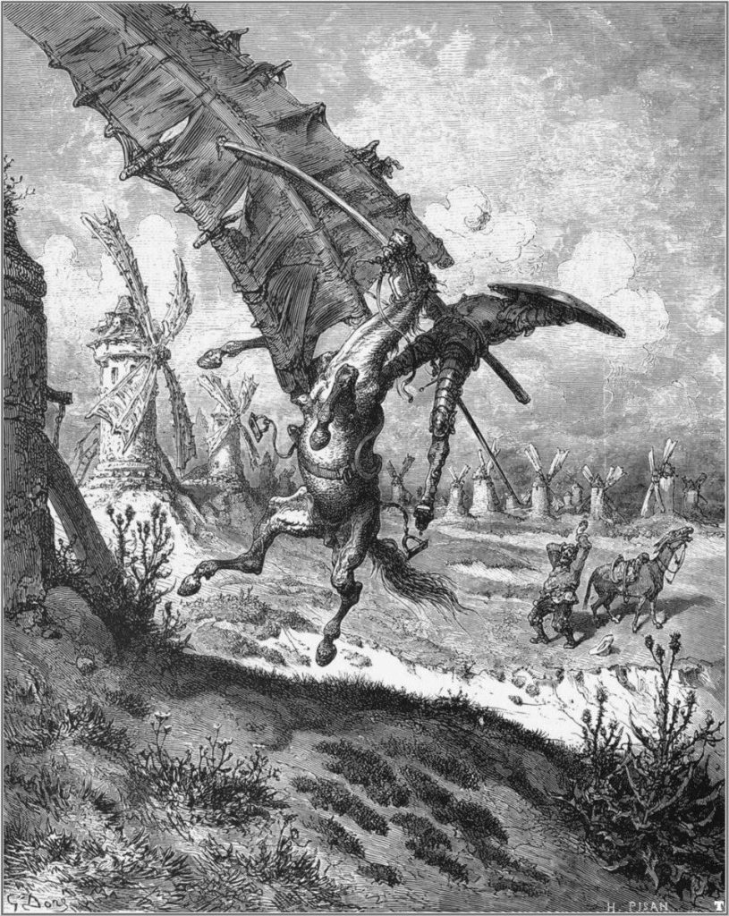 Gustave Doré’nin çizimiyle Don Kişot’un yel değirmenlerine saldırısı